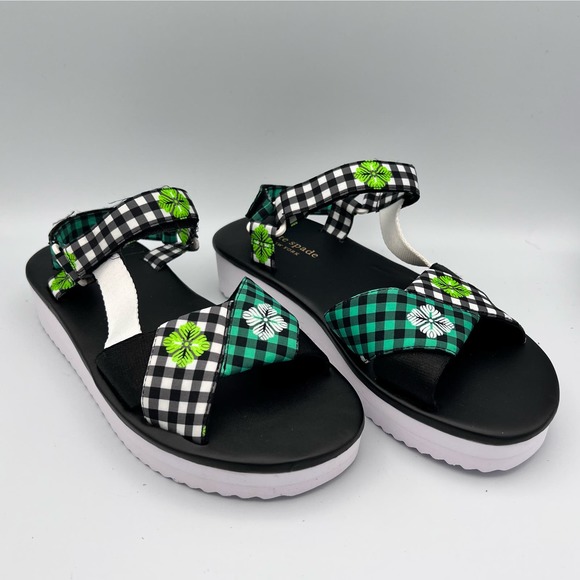 Kate Spade Dotty Gingham Platform Sandals Womens size 7B Black Green Floral EUC - Picture 2 of 10